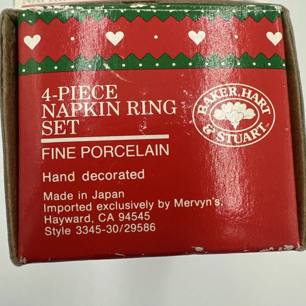 Vintage Mervyns Christmas Napkin Ring Set Fine Porcelain 7 Piece Set Holly Berry